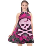 Pink Skull Star Splatter Halter Neckline Chiffon Dress 