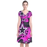 Pink Star Design Short Sleeve Front Wrap Dress