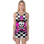 Pink Star Skull Checker One Piece Boyleg Swimsuit