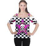 Pink Star Skull Checker Cutout Shoulder Tee