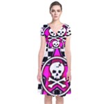 Pink Star Skull Checker Short Sleeve Front Wrap Dress