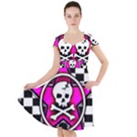 Pink Star Skull Checker Cap Sleeve Midi Dress