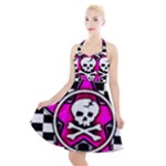 Pink Star Skull Checker Halter Party Swing Dress 