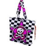 Pink Star Skull Checker Drawstring Tote Bag