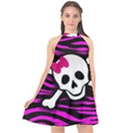 Pink Zebra Skull Halter Neckline Chiffon Dress 