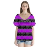 Purple Goth Skulls  V-Neck Flutter Sleeve Top