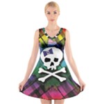 Rainbow Plaid Skull V-Neck Sleeveless Dress