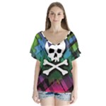 Rainbow Plaid Skull V-Neck Flutter Sleeve Top