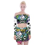 Rainbow Plaid Skull Off Shoulder Top with Mini Skirt Set