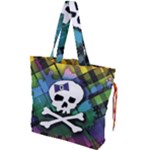 Rainbow Plaid Skull Drawstring Tote Bag