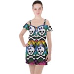 Rainbow Plaid Skull Ruffle Cut Out Chiffon Playsuit