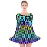 Rainbow Skull Checkerboard Long Sleeve Velvet Skater Dress