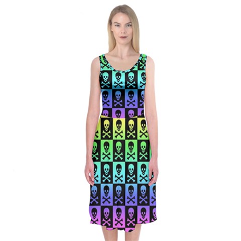 Rainbow Skull Checkerboard Midi Sleeveless Dress from ArtsNow.com