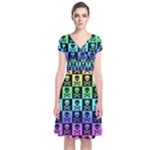 Rainbow Skull Checkerboard Short Sleeve Front Wrap Dress