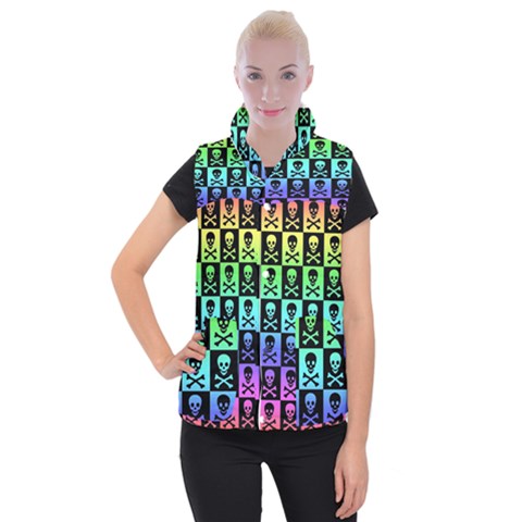 Rainbow Skull Checkerboard Women s Button Up Vest from ArtsNow.com