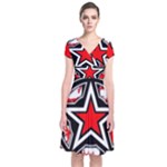 Star Checkerboard Splatter Short Sleeve Front Wrap Dress