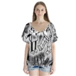 Robot Love V-Neck Flutter Sleeve Top