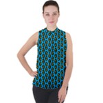 0059 Comic Head Bothered Smiley Pattern Mock Neck Chiffon Sleeveless Top