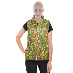 Colorful brush strokes painting on a green background                                                 Women s Button Up Puffer Vest from ArtsNow.com