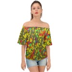 Colorful brush strokes painting on a green background                                                   Off Shoulder Short Sleeve Top