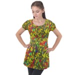Colorful brush strokes painting on a green background                                                   Puff Sleeve Tunic Top
