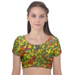 Colorful brush strokes painting on a green background                                                 Velvet Short Sleeve Crop Top