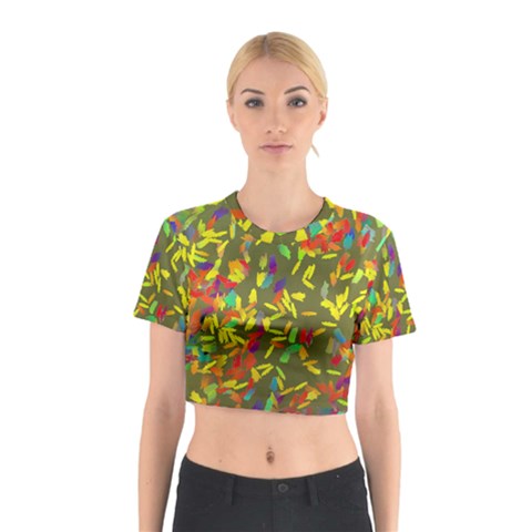 Colorful brush strokes painting on a green background                                                    Cotton Crop Top from ArtsNow.com