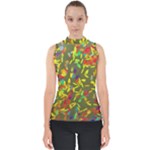 Colorful brush strokes painting on a green background                                                    Mock Neck Shell Top