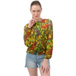 Colorful brush strokes painting on a green background                                                   Banded Bottom Chiffon Top