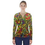 Colorful brush strokes painting on a green background                                                     V-Neck Long Sleeve Top