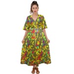 Colorful brush strokes painting on a green background                                                      Kimono Sleeve Boho Dress