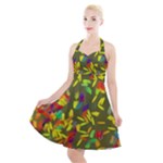 Colorful brush strokes painting on a green background                                                       Halter Party Swing Dress
