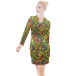 Colorful brush strokes painting on a green background                                                      Button Long Sleeve Dress