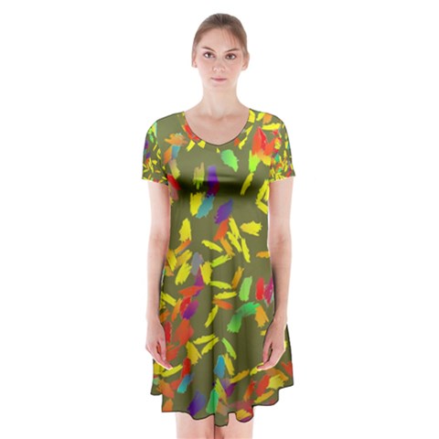 Colorful brush strokes painting on a green background                                                        Short Sleeve V