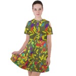 Colorful brush strokes painting on a green background                                                   Short Sleeve Shoulder Cut Out Dress