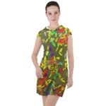 Colorful brush strokes painting on a green background                                                                   Drawstring Hooded Dress