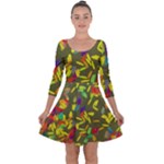 Colorful brush strokes painting on a green background                                                   Quarter Sleeve Skater Dress