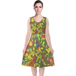 Colorful brush strokes painting on a green background                                                   V-Neck Midi Sleeveless Dress