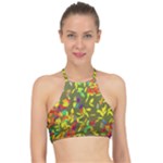 Colorful brush strokes painting on a green background                                                   Racer Front Bikini Top