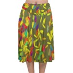 Colorful brush strokes painting on a green background                                                 Velvet Flared Midi Skirt