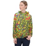 Colorful brush strokes painting on a green background                                                    Women Hooded Front Pocket Windbreaker