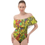 Colorful brush strokes painting on a green background                                                        Off Shoulder Velour Bodysuit