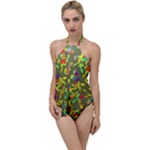 Colorful brush strokes painting on a green background                                                  Go with the Flow One Piece Swimsuit