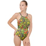 Colorful brush strokes painting on a green background                                                   High Neck One Piece Swimsuit