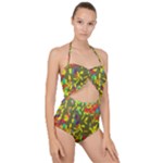 Colorful brush strokes painting on a green background                                                   Scallop Top Cut Out Swimsuit