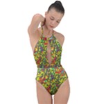 Colorful brush strokes painting on a green background                                                    Plunge Cut Halter Swimsuit