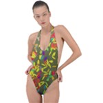 Colorful brush strokes painting on a green background                                                   Backless Halter One Piece Swimsuit