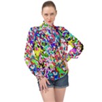 Colorful paint texture                                                  High Neck Long Sleeve Chiffon Top