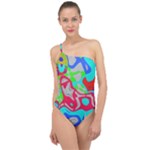 Colorful distorted shapes on a grey background                                                    Classic One Shoulder Swimsuit