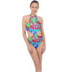 Colorful distorted shapes on a grey background                                                    Halter Side Cut Swimsuit